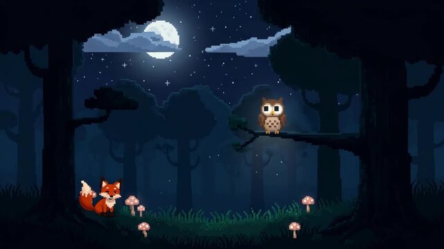 Enchanting Night Forest Scene with Owl and Fox Under the Moonlight.