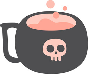Cute flat illustration of a black cauldron with a pink bubbling potion and a skull symbol on the front, representing a whimsical witchcraft theme