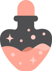   Cute flat illustration of a black and pink potion bottle filled with sparkling liquid, symbolizing magic, fantasy, and witchcraft in a minimalist design.