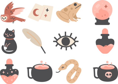   Aesthetic flat-style witchcraft icon set featuring an owl, tarot cards, frog, crystal ball, cat, feather, eye, potion bottles, cauldrons, and snake in soft pink and beige tones.
