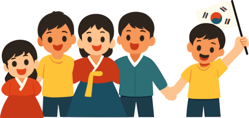   Cheerful flat-style illustration of a happy Korean family and children, some wearing traditional hanbok, smiling together while one child waves the South Korean flag.