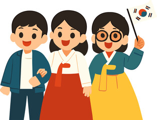    Charming flat-style illustration of three smiling Korean friends, two in traditional hanbok and one in modern attire, with one holding the South Korean flag.