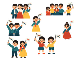   Delightful flat-style illustration of happy Korean children and families dressed in traditional hanbok, proudly waving South Korean flags and celebrating together.