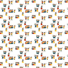      Seamless pattern of cheerful Korean children and families wearing traditional hanbok and waving South Korean flags on a white background, celebrating cultural pride and unity.