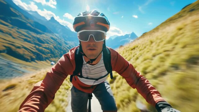 A man wearing a red jacket and sunglasses is riding a bike