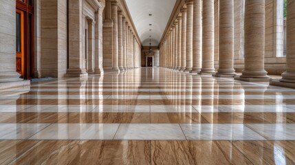 Elegant corridor with tall columns and polished marble floor in a grand building during daylight