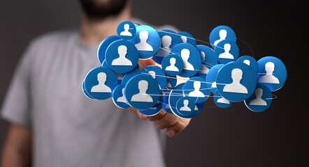 Person holding connected user icons. Represents social networks, communication, digital connections, teamwork, and online communities. Suitable