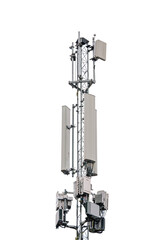 Close-up of a modern cell tower with multiple antennas and transmitters used for mobile communication and 5G technology. Isolated on white background.