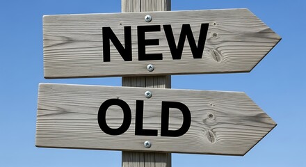 Weathered wooden signpost against a clear blue sky pointing in opposite directions with the words new and old in bold black letters