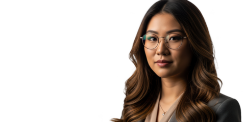 A portrait of a woman with long, wavy brown hair and glasses, wearing a gray blazer, against transparent background
