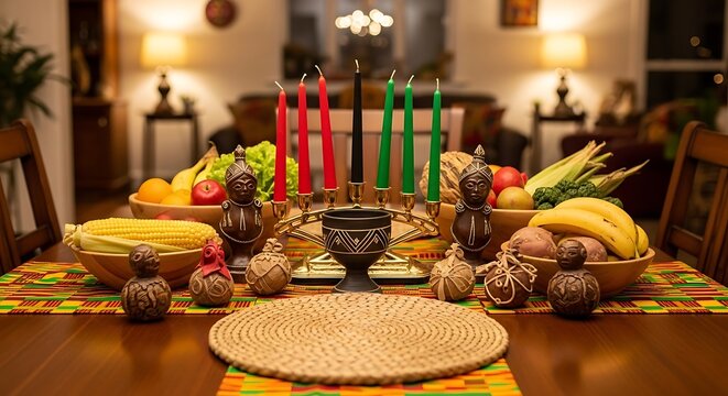 Kwanzaa Celebration Table Setting with Fruits and Candles.