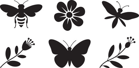 Fototapeta premium Black silhouette icons of a bee a flower and two butterflies and two branches with leaves bee silhouette