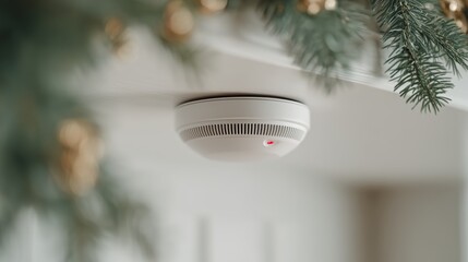 Close-up of a smoke detector with red LED under a holiday garland—simple reminder of home fire safety and preparedness during the winter season. Clean composition with copy space.