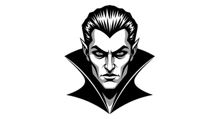 Vampire portrait with sharp features, pointed ears, and a dramatic collar, rendered in a black and white vector style.