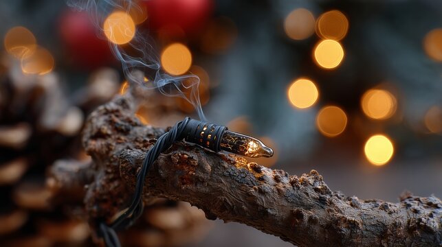 Macro close-up of a smoking Christmas light wrapped on a tree branch, showing overheating and electrical fire risk during the holiday season. Safety and prevention concept with bokeh.