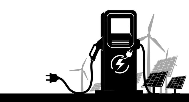 black ev charging station with renewable energy clip art preview