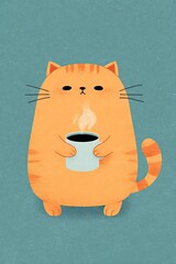Orange cat drinking a hot beverage illustration made with Generative AI 