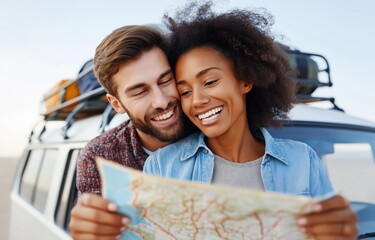 Couple looks at map during road trip
