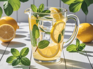 Refreshing lemonade pitcher with lemons and mint glass