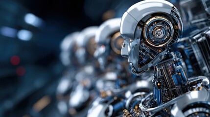Futuristic robots lined up in a high-tech environment showcasing advanced technology and design