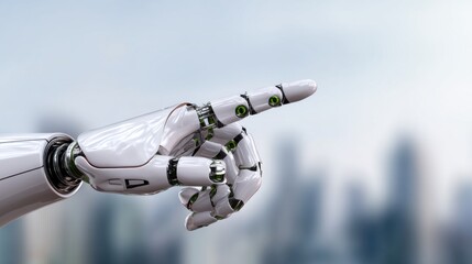 Robotic hand reaching out towards the city skyline indicating progress in technology and innovation