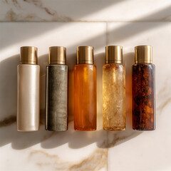 A sophisticated flat-lay composition of five elegant skincare or cosmetic bottles placed on a marble surface. Each bottle is made of different materials and textures—from pearlescent to stone-like and