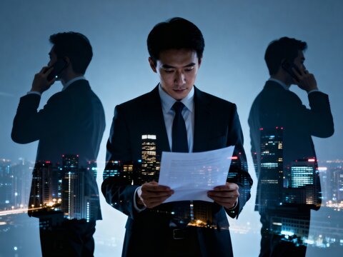 corporate finance planning with executive reading documents in urban office