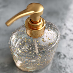A close-up of a transparent soap dispenser with a luxurious golden pump. The clear liquid inside contains suspended air bubbles, enhancing the texture and appeal. The scene is set on a smooth stone su