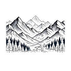 Majestic mountain range with pine trees and winding river, serene landscape illustration