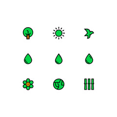 Environmental Icon Set Tree, Sun, Bird, Raindrop, Flower, Globe, and Bamboo in Green