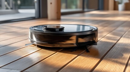 Robotic vacuum cleaner smoothly gliding across wooden floor in a modern living space during daytime