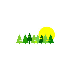 Stylized minimalist forest scene with green trees and a radiant yellow sun, representing nature's tranquil beauty and growth