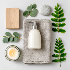 Spa setup with lit candle and lotion A cozy, dimly lit spa scene featuring a pump lotion bottle, burning candle, towel, and fresh greenery on a beige background. Natural luxury.