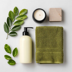 Spa flat lay with green towel and soap A modern wellness setup featuring a green towel, pump bottle, candle, soap, and fresh leaves, arranged neatly for a clean, organized visual.