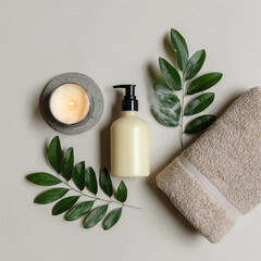 Spa setup with lit candle and lotion A cozy, dimly lit spa scene featuring a pump lotion bottle, burning candle, towel, and fresh greenery on a beige background. Natural luxury.