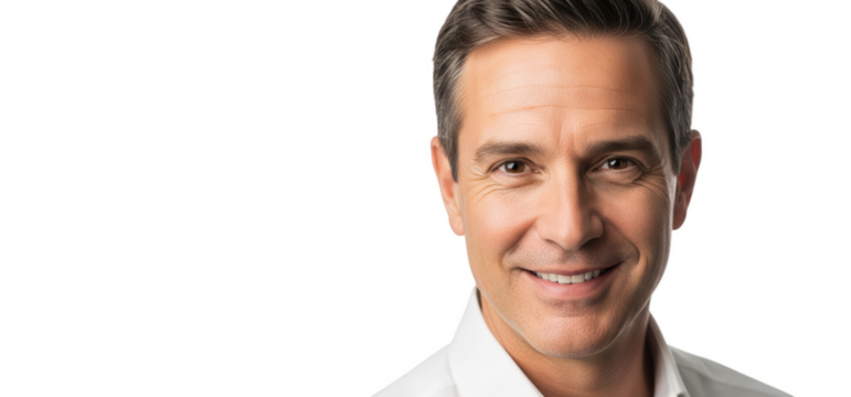 A close-up portrait of a smiling man with short gray hair and a white shirt, against transparent background