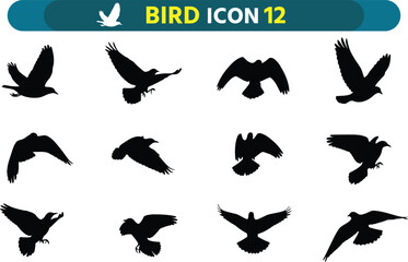 Collection of twelve black silhouette bird icons in various flying poses on a white background
