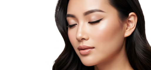 A close-up of a woman's face with long dark hair, showcasing her smooth skin and elegant features, against transparent background