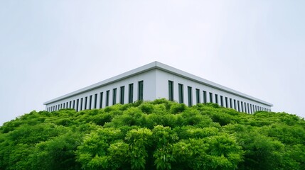 Modern white building above lush green trees