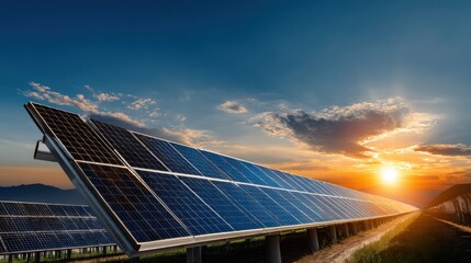 Sunset over solar panels in a renewable energy field near a mountain range