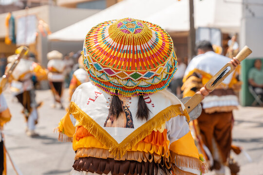 Sonajeros dancers wearing colorful traditional costumes, in the popular festival honoring Saint Joseph and the Holy Family in Zapotlan el grande, Ciudad Guzm&aacute;n, Jalisco, Oct.2, 2025. Tuxpan