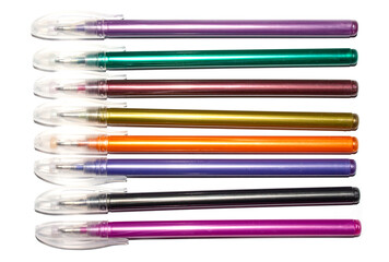 A set of colorful gel pens on a white background.Gel pens with mother-of-pearl.Gel pens for signing postcards.Gel pens background.