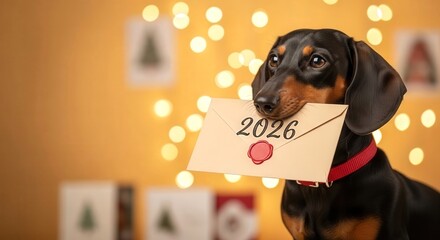 Cute dachshund dog in red collar holding letter with 2026 numbers in the mouth, festive blurred background with Christmas tree. Vet clinic announcement, grooming salon. Space for text or logo
