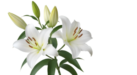 Close up studio shot of elegant white easter lilies with buds against a stark black background