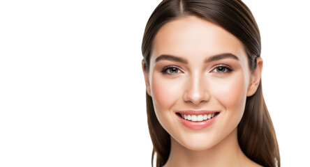Naklejka premium A close-up portrait of a young woman with long brown hair smiling at the viewer, against transparent background