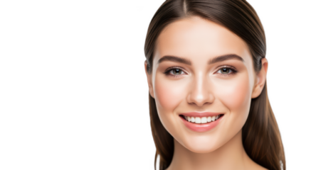 A close-up portrait of a young woman with long brown hair smiling at the viewer, against transparent background