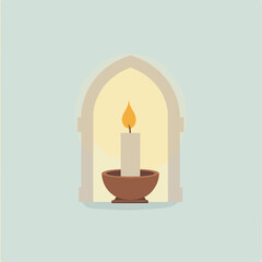 Candle with flame in brown holder inside arched window design  