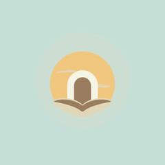 Abstract illustration of an open book with an arch doorway at sunset  