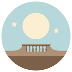 Simple balcony with railings under full moon and stars in sky  