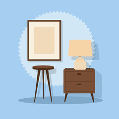 Modern living room furniture with lamp and framed art on blue wall  